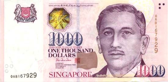 SGD One Thousand Signapore Dollar Banknote Front