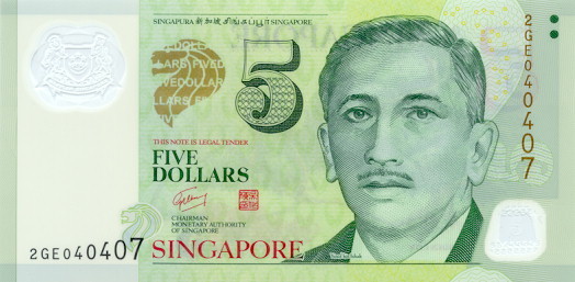 SGD Five Signapore Dollar Banknote Front
